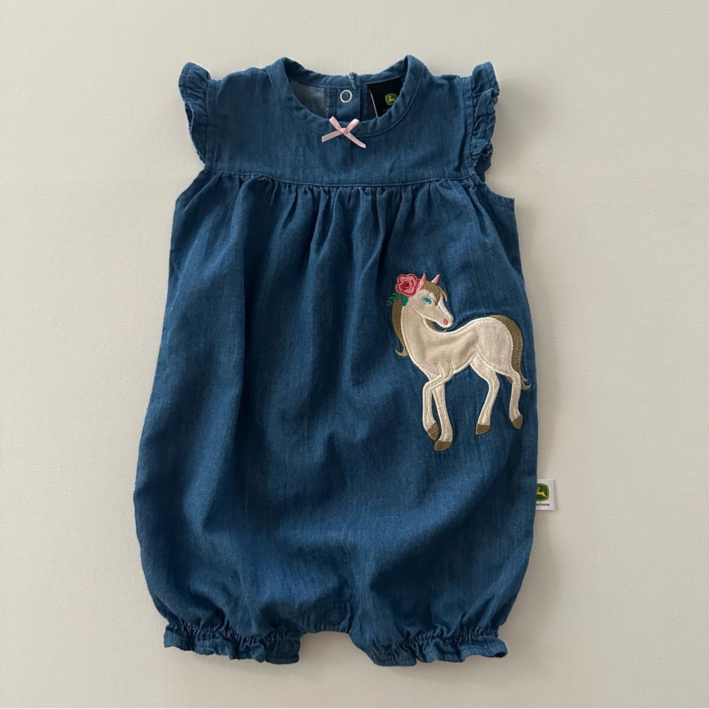 John Deere 3-6 Months Baby Girl Horse Chambray Romper